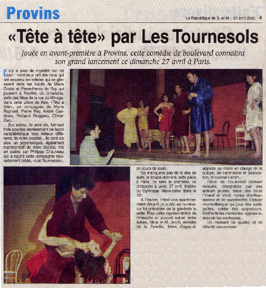 Article sur la pièce de théâtre Tête à tête de Kee avec Richard Roggero